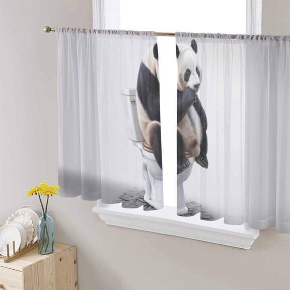 Panda Sheer Curtains 54 Inches Length 2 Panels Set, Window Sheer Curtains for Living Room/Bedroom, Modern Animal Sit on Toilet Flowers Oil Painting Light Filtering Rod Pocket Curtain 52'' x 54'' x 2