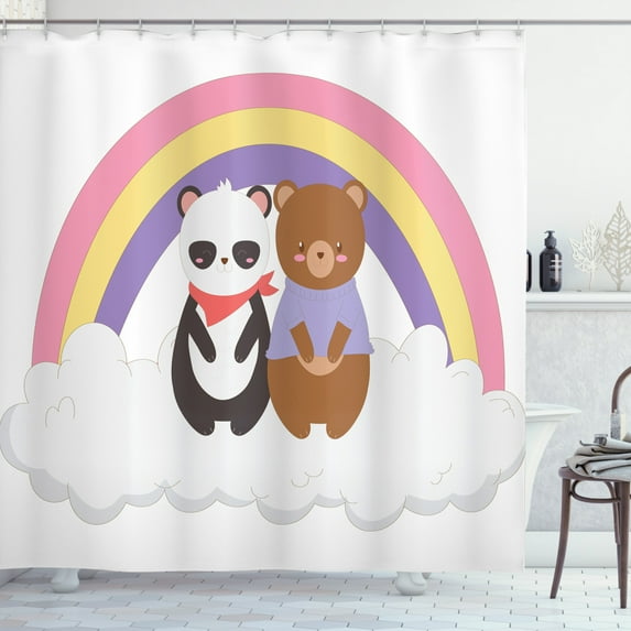 Panda Shower Curtain, Cartoon Layout of Characters Sitting on Clouds with a Rainbow on the Back, Fabric Bathroom Set with Hooks, 69W X 70L Inches, Multicolor, by Ambesonne