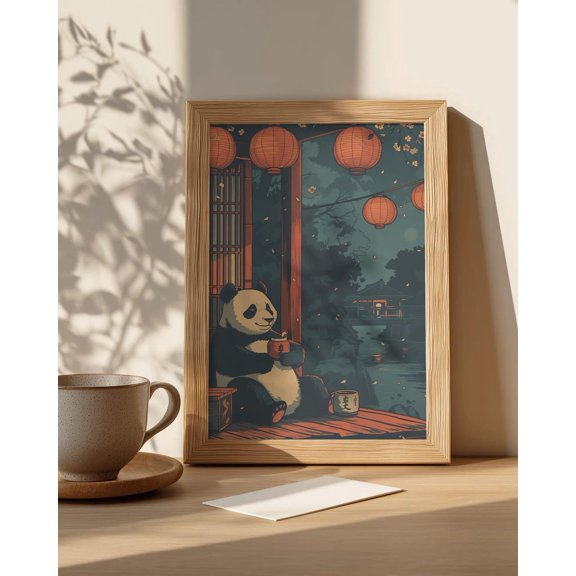 Panda Sipping Sake Print | Japanese-Inspired Lantern Night Wall Art | Zen Panda Decor, Unframed Poster Size 16x24
