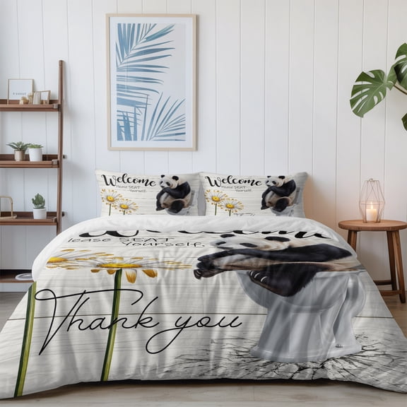 Panda Sitting on The Toilet California King Size Bed Set,Farm Flower Retro Wood Grain Bedding for All Seasons,4 Pcs Bed Set with 1 Quiltcover (96"x104"),1 Sheet (110"x98"),2 Pillowcases (20"x36")