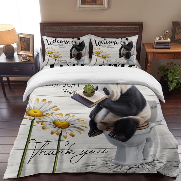 Panda Sitting on The Toilet Queen Size Bed Set,Farm Flower Retro Wood Grain Bedding for All Seasons,4 Pcs Bed Set,1 Quiltcover (90"x90"),1 Sheet (90"x102"),2 Pillowcases (20"x30")