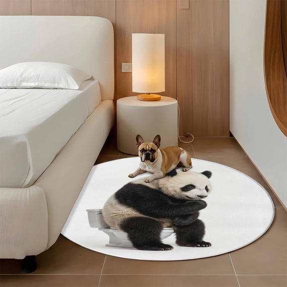 Panda Sitting on The Toilet Thinking 3ft Round Rug for Bathroom Accent Bedside Corner, Abstract Funny Animal Washable Non Slip Circle Area Rug for Small Spaces
