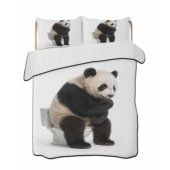 Panda Sitting on The Toilet Thinking Quilts Bedding Set Twin Size Abstract Funny Animal Lightweight Quilted Bedspread 3 Piece Bed Quilt with 2 Pillow Shams All Season for Bedroom 68" x 86"