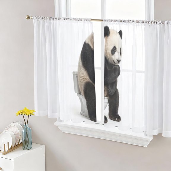 Panda Sitting on The Toilet Thinking Sheer Curtains for Living Room Bedroom, Abstract Funny Animal Pattern Light Filtering Sheer Curtain Rod Pocket Voile Window Treaments Drapes, 52 x 54 Inches