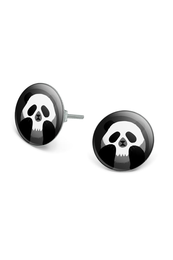 Panda Skull Optical Illusion Spooky Novelty Silver Plated Stud Earrings