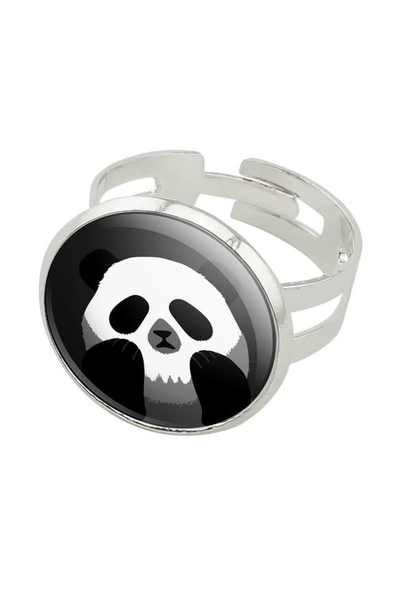 Panda Skull Optical Illusion Spooky Silver Plated Adjustable Novelty Ring