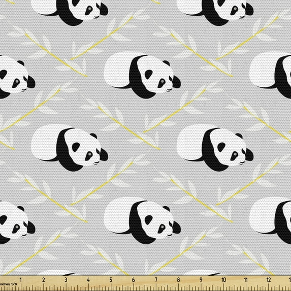 Ambesonne Panda Fabric by the Yard Upholstery, Cartoon Animal Leafy Branches, 5 Yards, Grey Multicolor