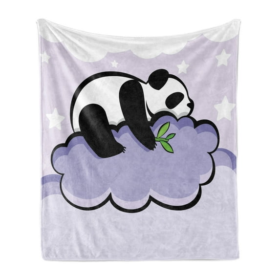 Panda Soft Flannel Fleece Blanket, Panda Bear Sleeping on Cloud in Starry Night Sky Children Cartoon Illustration Print, Cozy Plush for Indoor and Outdoor Use, 50" x 60", Lilac Black, by Ambesonne
