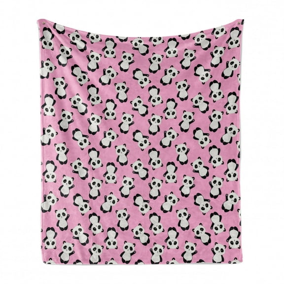 Panda Soft Flannel Fleece Throw Blanket, Continuous Waving Greeting Panda Bear Animal Bambus Lover Print, Cozy Plush for Indoor and Outdoor Use, 60" x 80", Baby Pink Charcoal Grey, by Ambesonne