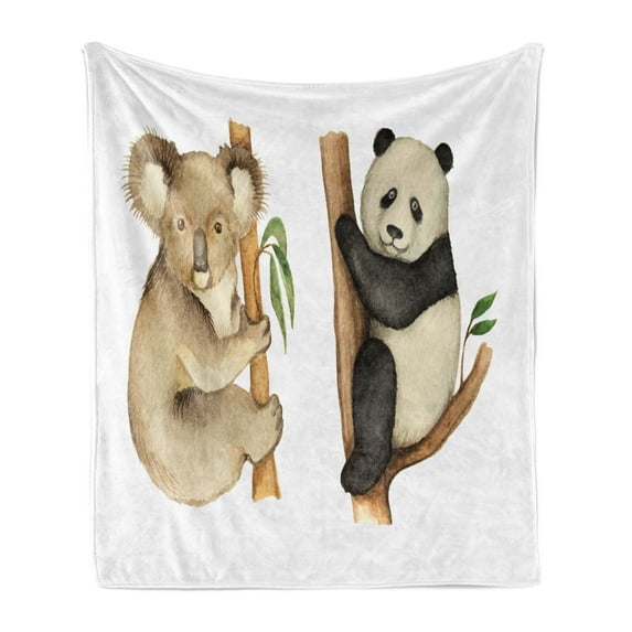 Panda Soft Flannel Fleece Throw Blanket, Koala and Panda Sitting on Trees Wild Life Tropics Habitat Woodland Illustration, Cozy Plush for Indoor and Outdoor Use, 60" x 80", Beige Black, by Ambesonne