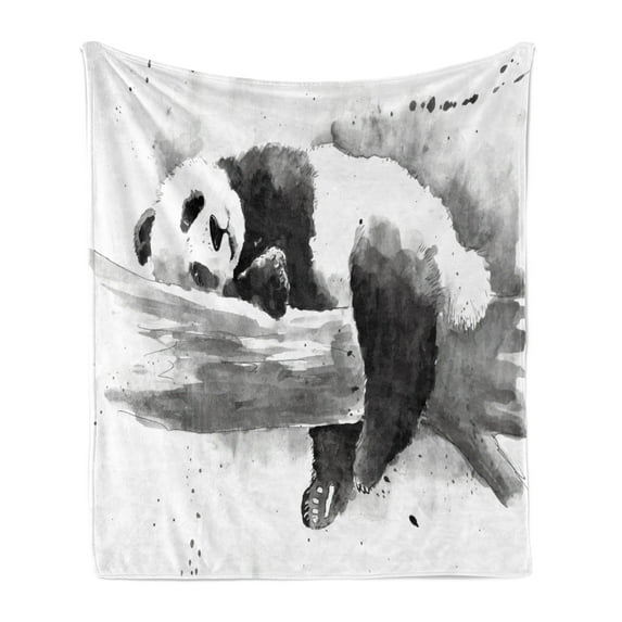 Panda Soft Flannel Fleece Throw Blanket, Panda Lying on a Tree Branch Classic Watercolor Painting Style Artwork Print, Cozy Plush for Indoor and Outdoor Use, 50" x 60", Black White, by Ambesonne