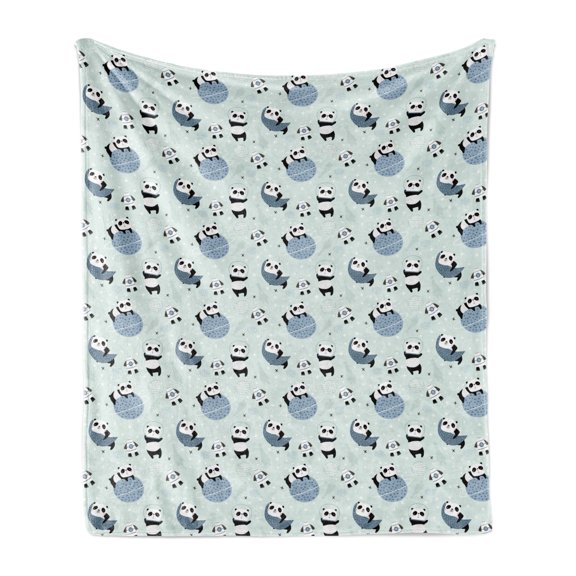 Panda Soft Flannel Fleece Throw Blanket, Nursery Pattern with Animal in Space Plants Rockets and Stars in Pastel Tones, Cozy Plush for Indoor and Outdoor Use, 50" x 60", Multicolor, by Ambesonne