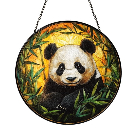 Panda Stained Glass Panel – Vibrant Wildlife Design with Green and Yellow Foliage