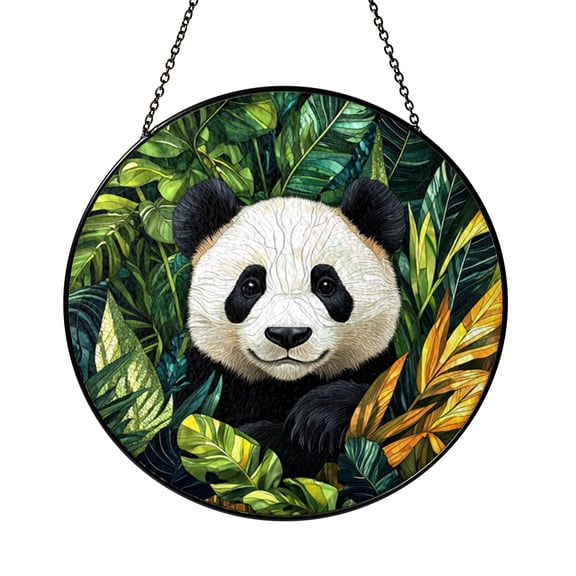 Panda Stained Glass Style Panel, Lush Foliage Decorative Circular Window Art