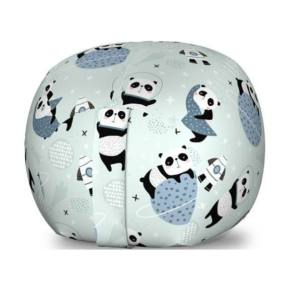 Panda Storage Toy Bag Chair, Pattern with Animal in Space Plants Rockets and Stars in Pastel Tones, Stuffed Animal Organizer Washable Bag, Small Size, Multicolor, by Ambesonne