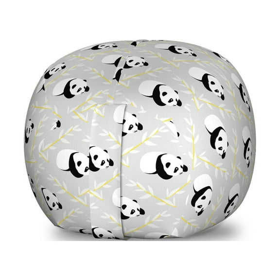 Panda Storage Toy Bag Chair, Repetitive Cartoon Animal with Leafy Branches, Stuffed Animal Organizer Washable Bag, Small Size, Grey Multicolor, by Ambesonne