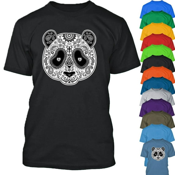 Panda Sugar Skull Mens T-Shirt Funny Mexican Gothic Day Of The Dead Tee Color Irish Green X-Large