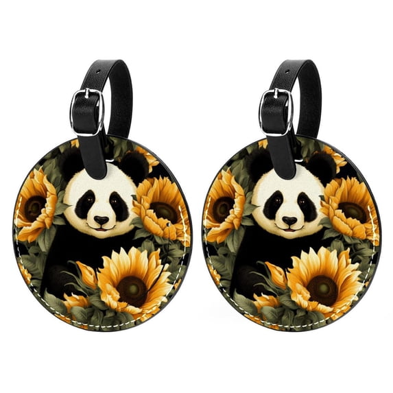 Panda Sunflower 2Pcs PU Leather Round Luggage Tags with Privacy Cover and Name ID Tag for Suitcase, Handbags, Backpacks, School Bags