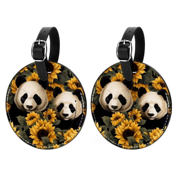 Panda Sunflower 2pcs PU Leather Round Bag Tags with Privacy Cover and Name ID Tag - Suitcase Tags for Travel Luggage, Handbags, Backpacks, School Bags