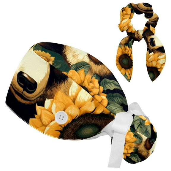 Panda Sunflower Adjustable Women Working Cap with Bow Hair Scrunchy, Bouffant Hat with Buttons