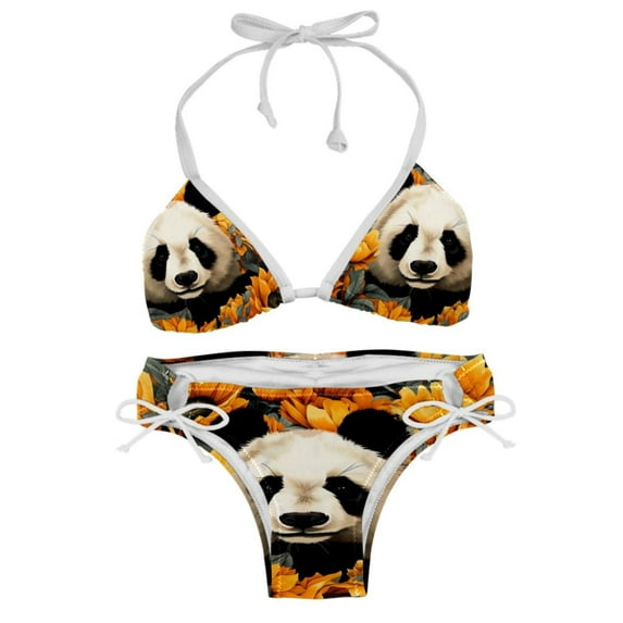 Panda Sunflower Detachable Sponge Adjustable Strap Bikini Set Two-Pack - Ideal for Beach & Pool Parties
