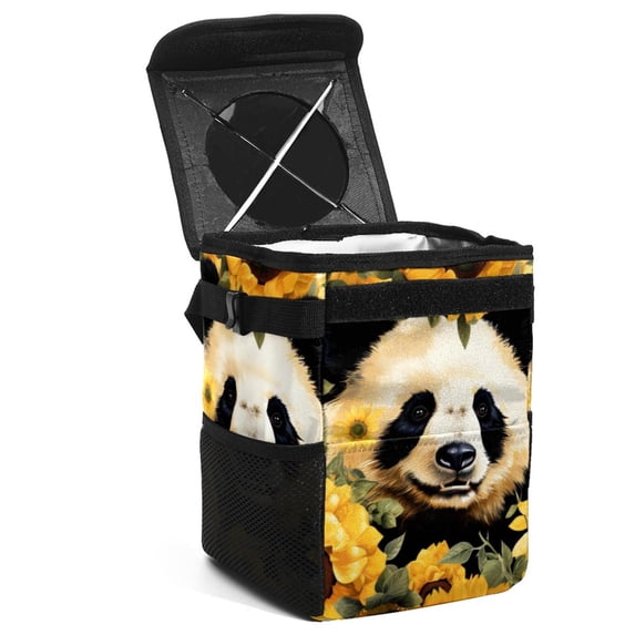 Panda Sunflower Foldable Car Trash Bin with Lid, Leak-proof Mini Trash Can, Hanging Storage Bag for Car