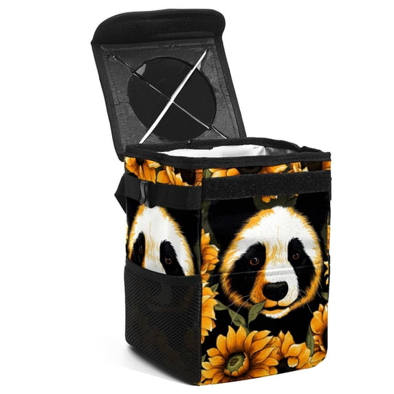 Panda Sunflower Foldable Car Trash Bin with Lid, Leak-proof Mini Trash Can for Car, Hanging Storage Bag Included