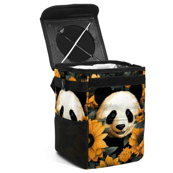 Panda Sunflower Foldable Mini Trash Can with Lid - Leak-Proof Car Garbage Can for Hanging Storage Bag