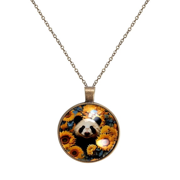 Panda Sunflower Necklace Personalized Custom Photo Round Pendant Adjustable Stainless Steel Necklaces with Gift Box for Men Women Mothers Valentine's Jewelry Gift