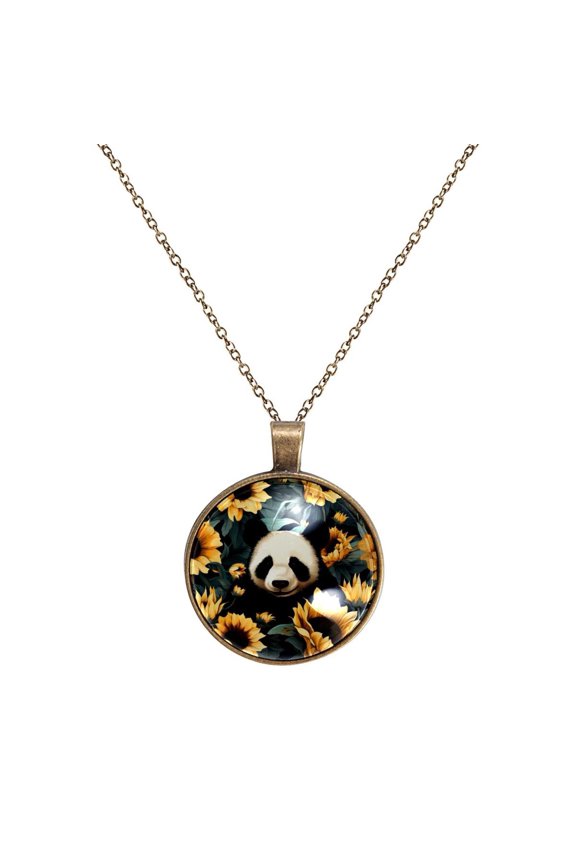 Panda Sunflower Necklace Personalized Custom Photo Round Pendant Adjustable Stainless Steel Necklaces with Gift Box for Men Women Mothers Valentine's Jewelry Gift