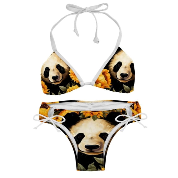 Panda Sunflower Swimsuit Women Bikinis: Detachable Sponge Adjustable Strap Bikini Set Two-Pack Beach Pool Vacation.