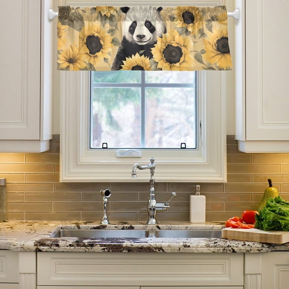 Panda Sunflowers Bear Curtain Valances Farmhouse Design Window Treatment Decor Blackout Rod Pocket for Windows Living Room Kitchen 54" x 18"