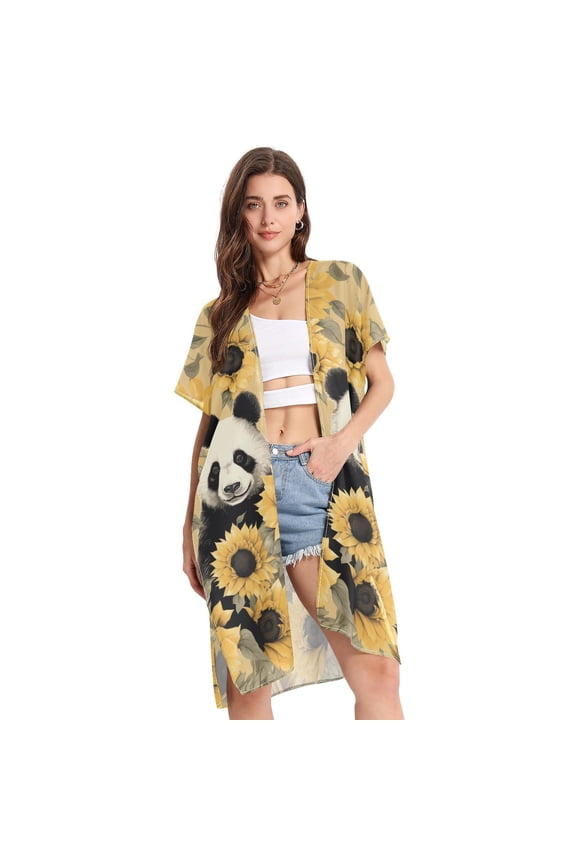 Panda Sunflowers Bear Women Swimsuit Cover up V Neck Beach Dress Short Sleeve Vacation Outfits Swimwear