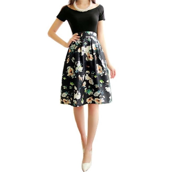 Panda Superstore Elegant Women Pleated Vintage Floral Print Midi Skirt - Daffodil