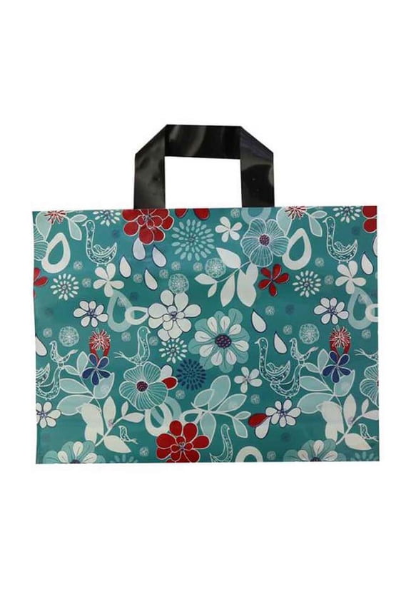 Flower Plastic Boutique Retail Clothing Tote Shopping Bags, Blue - 50 Piece