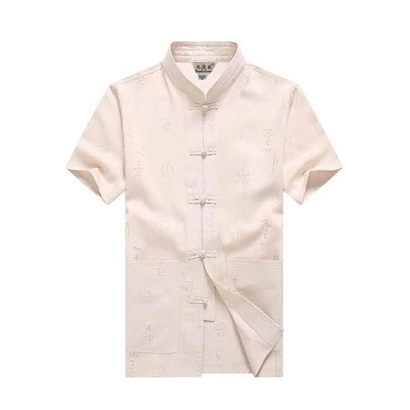 Panda Superstore No.2 Standing Collar Cotton & Linen Chinese Short Sleeve Kungfu Cloth Men Shirt, Beige