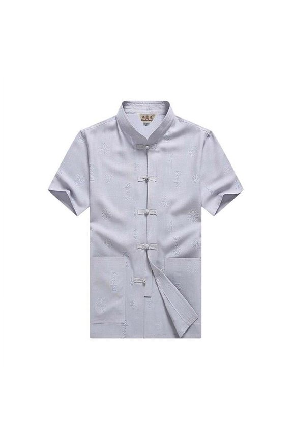 PL-CLO1045830-KELLY01309-RP No.2 Standing Collar Cotton & Linen Chinese Short Sleeve Kungfu Cloth Men Shirt, Grey