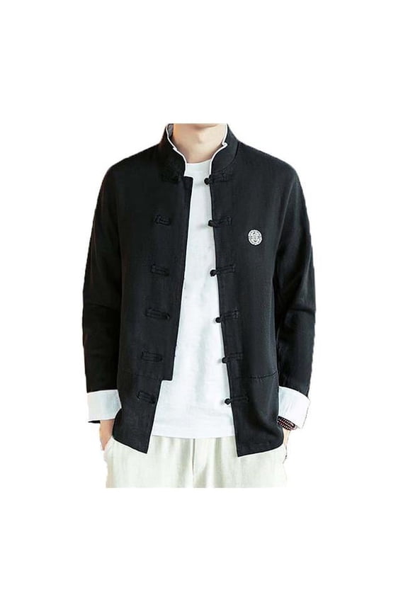 No.4 Standing Collar Cotton & Linen Chinese Long Sleeve Kungfu Cloth Outerware Mens Shirt, Black
