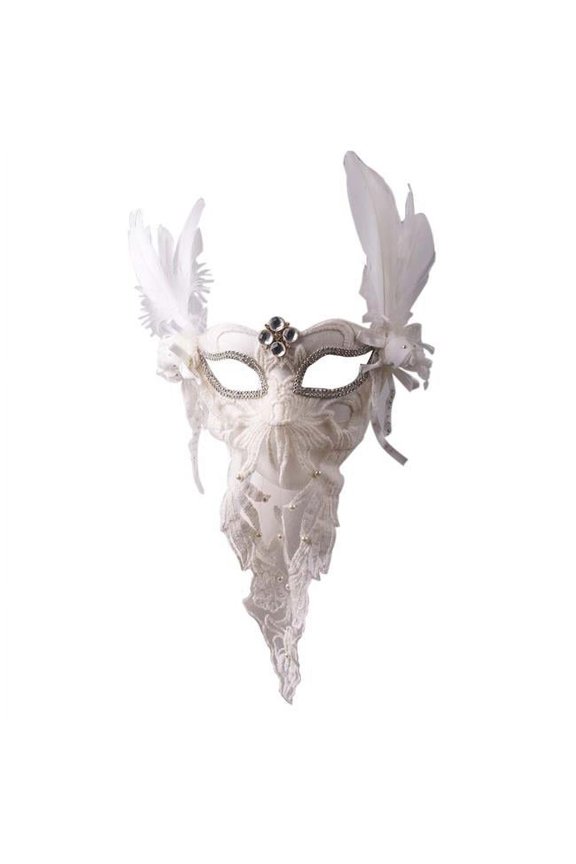 PF-TOY2229578011-KELLY00370-RP Womens White Feather Masquerades Venetian Lace Veil Mask