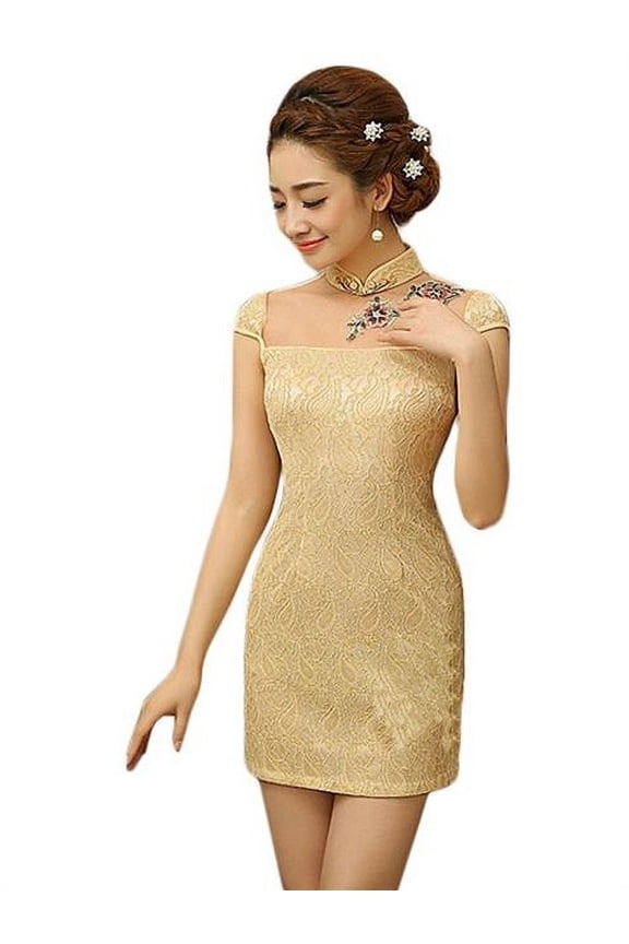 PS-CLO1045024-JACKY02102 Elegant Slim Lace Cheongsam Qipao Short Dress Skirt, Yellow - Large