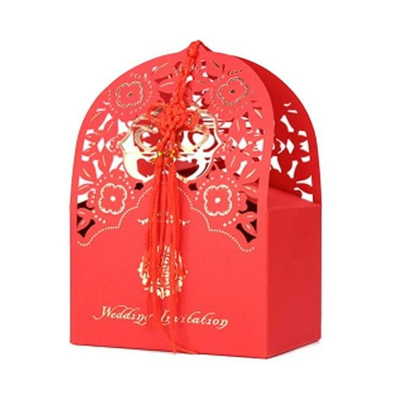 Panda Superstore PS-HOM13761871-SUE02609 Laser Cut Chinese Style Box Double Happiness Party Favor Paper Box, Red - 10 Piece