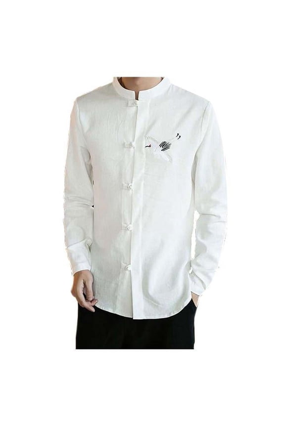 PL-CLO1045830-KELLY01299-RP Standing Collar Cotton & Linen Chinese Long Sleeve Kungfu Cloth Men Shirt, White