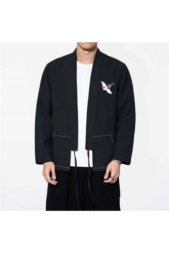 Standing Collar Cotton & Linen Chinese Long Sleeve Kungfu Cloth Mens Shirt, Black