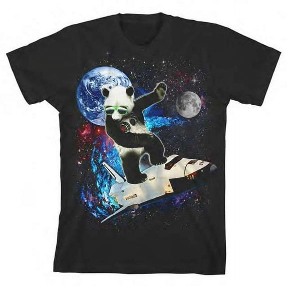 Panda Surfing through Space Boy's Black T-shirt-Large