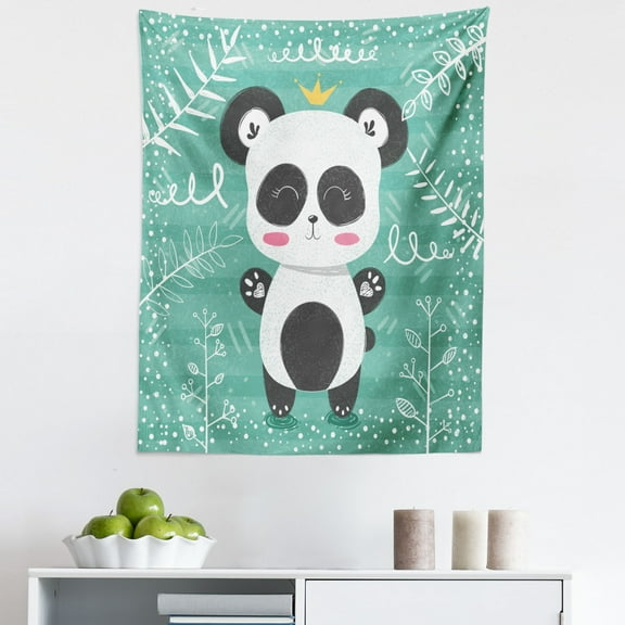 Panda Tapestry, Hand Drawn Layout of a Character in a Crown with Botany Items, Fabric Wall Hanging Decor for Bedroom Living Room Dorm, 5 Sizes, Dark Grey Mustard, by Ambesonne