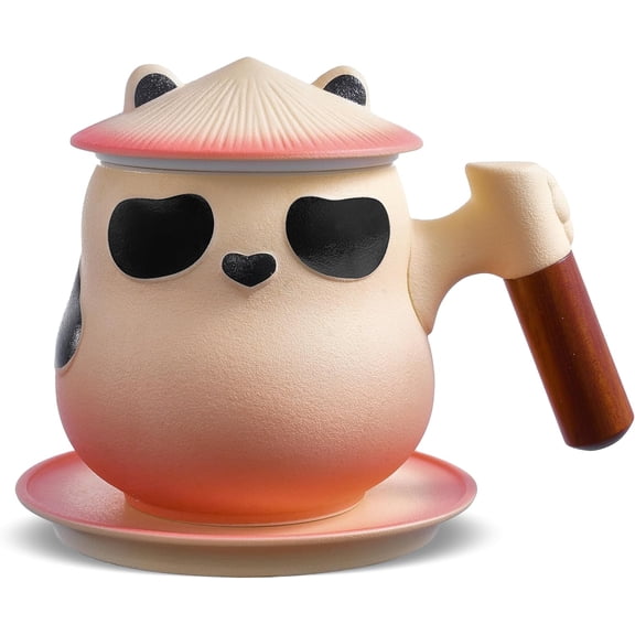 Panda Tea Mug with Infuser and Lid, 11 oz Wood Handle Cup with Strainer for Loose Leaf Tea Steeper, Includes Ceramic Coaster, Tea Lovers Gift