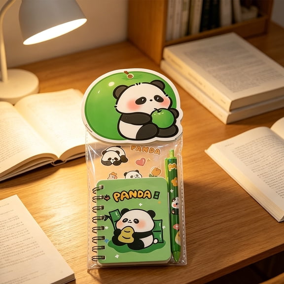 Panda Themed Stationery Set - Spiral Notebook Click Pen and Silicone Pen - Cute Panda Writing Kit Gift Set - Happy Panda