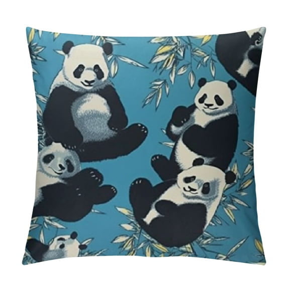 Panda Throw Pillow Cushion Cover, Chinese Wildlife Exotic Branches and Leaves with Bears on Abstract Backdrop, Decorative Square Accent Pillow Case, Petrol Blue Black