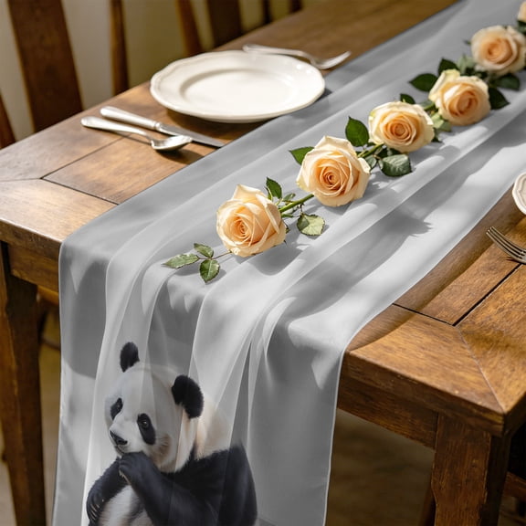 Panda in Toilet 10 ft Cheesecloth Table Runner for Wedding 27"x120", Funny Animal Kitchen Dinner Sheer Tulle Chiffon Dresser Scarf, Holiday Party Decorations