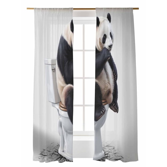 Panda in Toilet Sheer Curtains 2 Panels Set Funny Animal Modern Art Lihgt Filtering Rod Pocket Voile Drape, Semi Sheer Window Curtains for Bedroom Living Room, 52"x96"